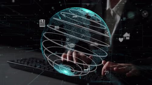 Digital Global Network with Earth Representation, Data Connections, and Interactive Icons for Techno