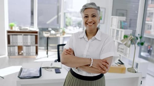 Business woman, face and smile with arms crossed in office, corporate company