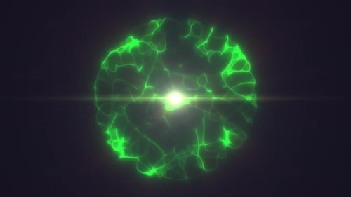 Glowing green plasma sphere radiating bright light and energy waves in a dark cosmic background