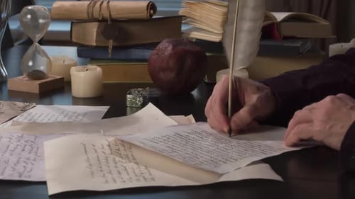 Hand writes with quill on parchment paper