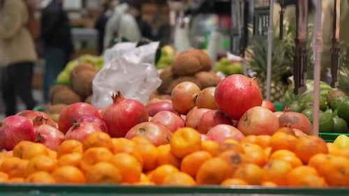 Fruits and vegetables on shop stand in supermarket grocery store.