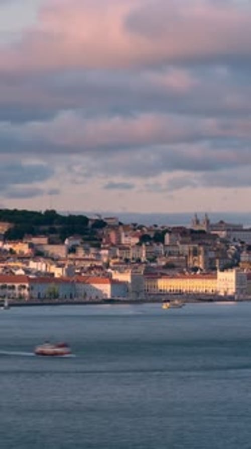 Timelapse of Lisbon Over Tagus River with Yachts and Boats on Sunset Lisbon Portugal
