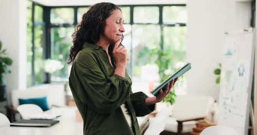 Thinking, employee and woman with tablet, office and performance review on web or digital marketing