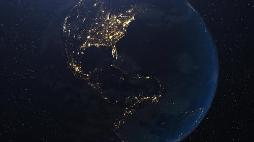 Sunrise over the American continent view from space. Camera zooms out and night cities lights go out