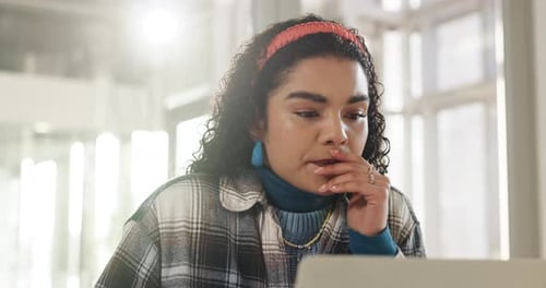 Laptop, reading and thinking with business woman at desk in office for creative planning