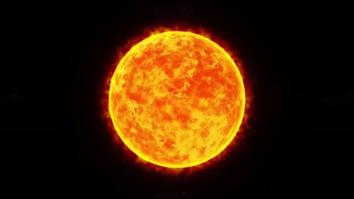 3D Sun planet surface with solar flares on starry space background