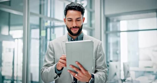 Scroll, online and man with tablet, office and employee with research for wealth management or info