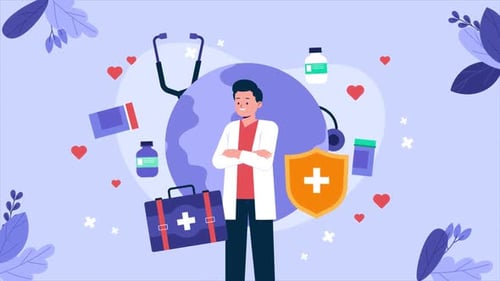 Flat Design Doctor and Global Healthcare Animated Illustration