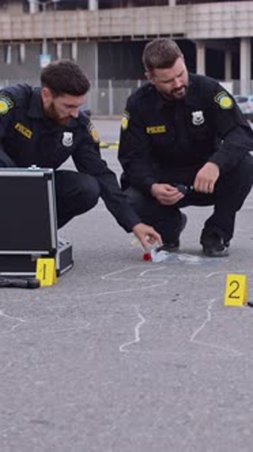 Eine detaillierte Szene einer polizeilichen Untersuchung mit zahlreichen Beweismarkierungen vor Ort