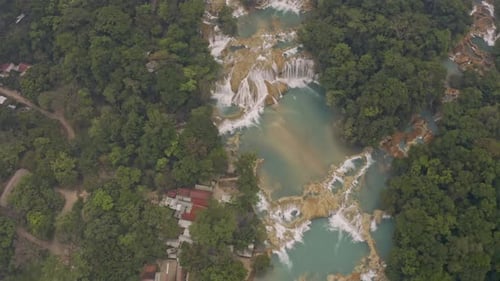 Aerial drone shot of the Agua Azul waterfalls in Chiapas, Mexico
