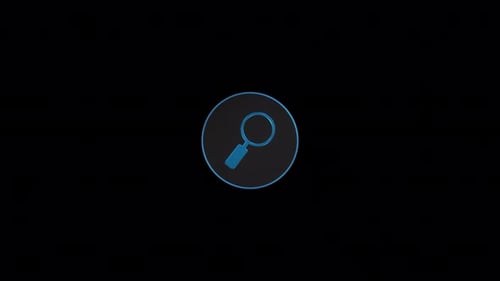 Blue magnifying glass icon rotating 360 degrees.