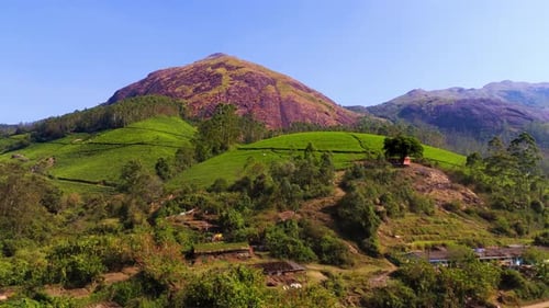 Village de drones, belles montagnes, paysage d'images par drone de Munnar