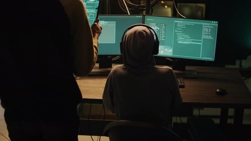 Two Coders Working in a Dark Urban Office