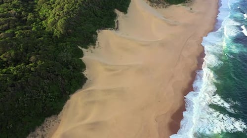 Ocean beach, sand coast and drone aerial view of outdoor travel destination
