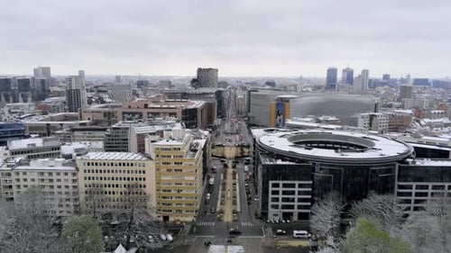 Aerial of the European Quarter in Brussels in winter. Headquarters of the European Commission and EU