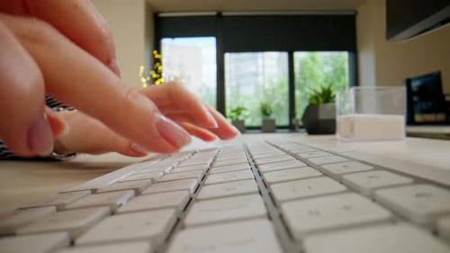 Closeup Female Young Hands Typing and Pressing a Button on a White Office Device Keyboard Nude
