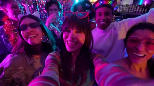 Friends Having Fun in Nightclub, Taking Selfie