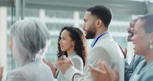 Applause success, audience and business people in conference, seminar or meeting in office