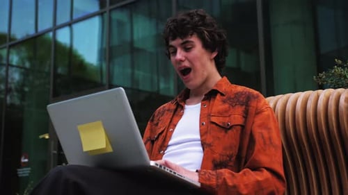 Happy Excited Casual Man Near Office Checking Email Laptop Read Good News Man Winner Successful