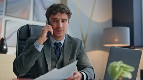 Emotional Boss Yelling Smartphone Office Closeup Furious Business Man Calling