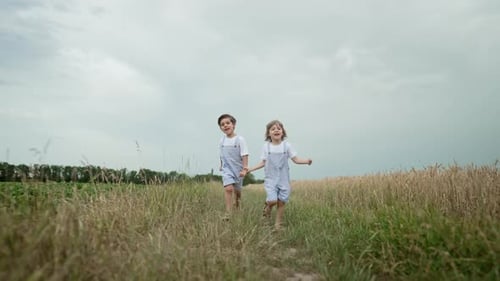 Little Happy Children Boys Running Race Outside City Natural Rural Landscape