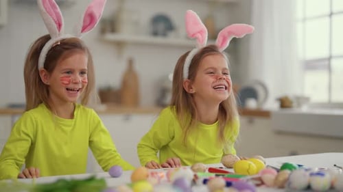 Twin Girls Celebrate Easter Holiday Twins Cheerful Children in Rabbit Bunny Ears Playing Near the
