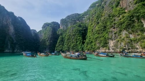 Longtail Boats at Pileh Lagoon Koh Phi Phi Maya Bay Thailand the Turquoise Colored Ocean
