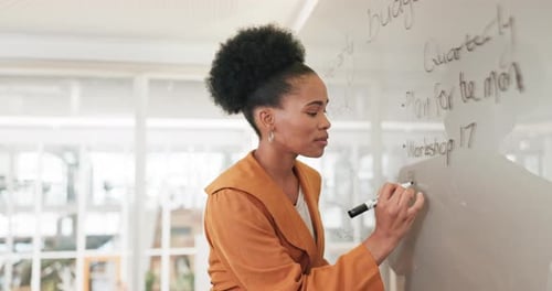 Presentation, whiteboard and black woman in business workshop writing strategy