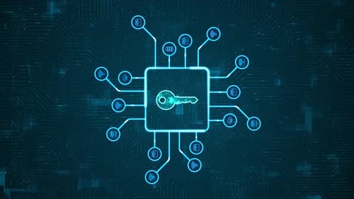 Logo de llave de seguridad digital azul y placa de circuito con tecnología HUD con icono de IA y transferencia de datos