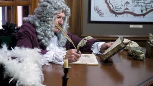 Historian Writing with Feather Pen in Ancient Study