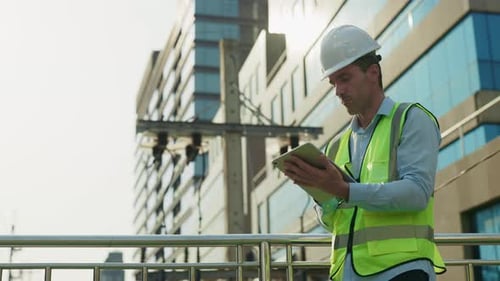 Man Construction Engineer Examines Project Via Tablet on Footbridge