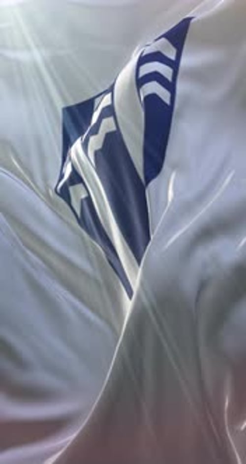 Waving White Flag with Stylized Blue Emblem Logo