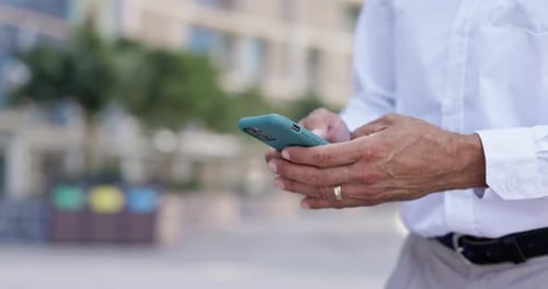 Businessman, hands and phone typing in city for communication, social media or networking outdoors