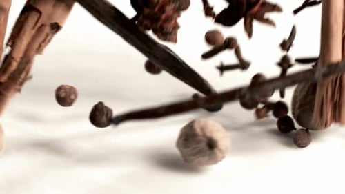 Various Spices Falling and Bouncing onto White Surface