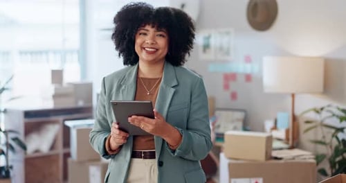 Woman, tablet and small business e commerce, startup or inventory management for online shop