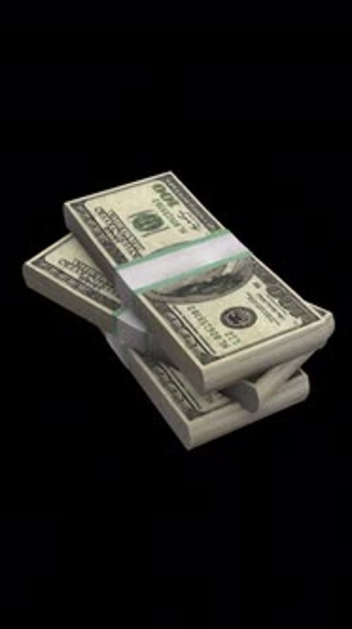 Rotating Stack Of $100 Bills In Close Up 3D Animation On Alpha Channel Vertical