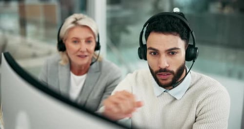 Call center, training and mentor with employee at desk, mature woman and coaching worker