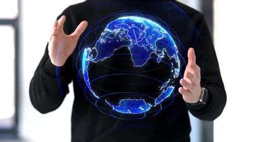 augmented reality and future technology concept - man working with 3d earth planet hologram