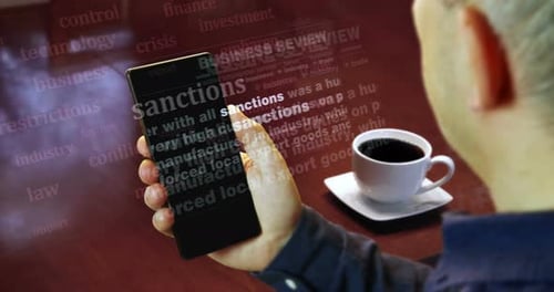 Futuristic Holographic Text Displaying Sanctions and Economic Data