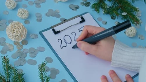 Writing '2025 Goals' on Festive Desk