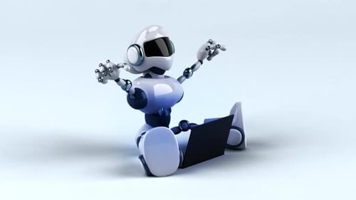 Cute Robot Character Typing and Interacting with a Tablet