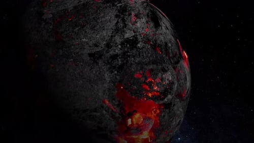 Animation of Lava planet seen from galaxy in space, the globe spinning on satellite view on. 1994