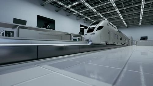 Futuristic High-Speed Train in Modern Industrial Hangar