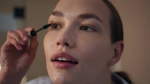 Happy Woman Doing Makeup Applying Black Mascara Closeup Beauty Girl Preparing