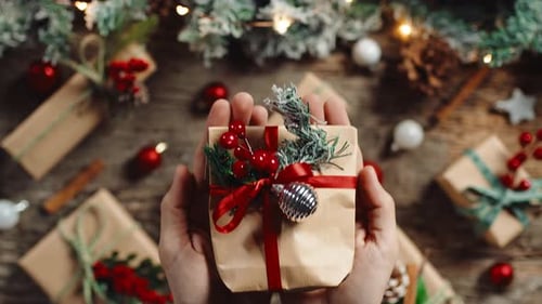 Hands Holding Christmas Gift Decorated with Berries