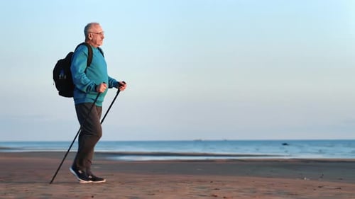 Active Old Man Mature Grandfather Scandinavian Walking Stick Sand Sea Beach Sunset Healthy Lifestyle