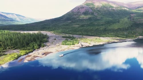 Morning Reflection and Delta Sandbar Near Camp on Lake Lama Putorana Plateau