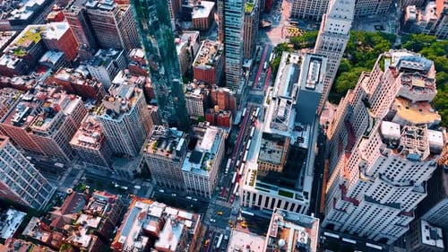 Busy streets of lively metropolis among the blocks.