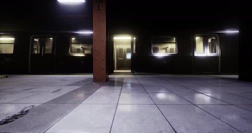 Leerer U-Bahnsteig bei Nacht mit beleuchteten Zugtüren in Sichtweite