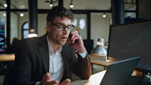 Upset Manager Speaking Cell Overwork in Office Stressed Trader Check Computer